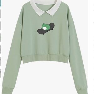 WRENPIES Frog Skateboarder Sweatshirt with Collar, Medium, Green